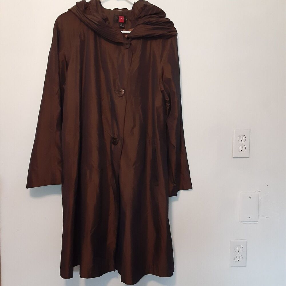 Vtg Gallery Jacket Womens M Brown Button Up Coat Lightweight Hooded